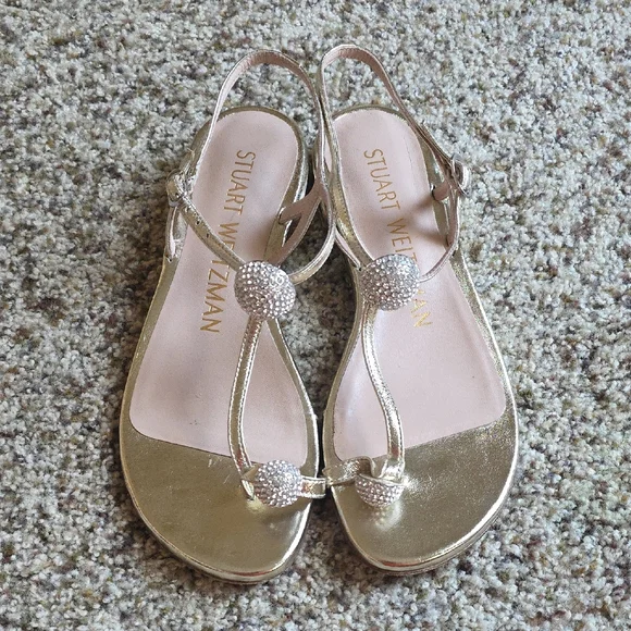 Stuart Weitzman Gold Thong Sandals with Metallic Finish - Picture 1 of 13